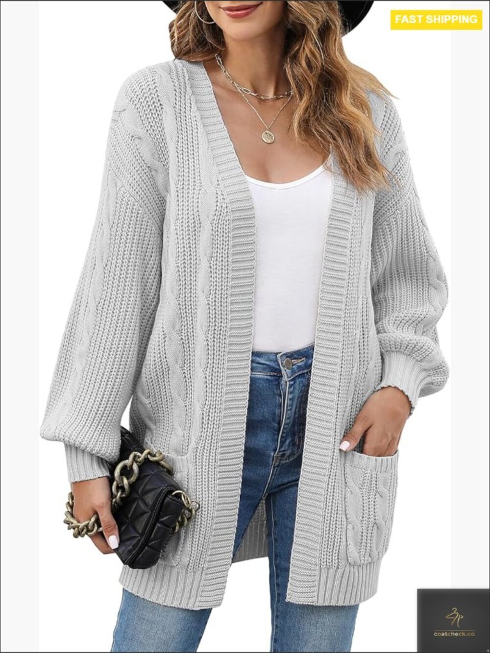 Oversized Cable Knit Cardigan Open Front Long Sleeve Pockets Chunky